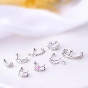 Polished 20G stainless steel curved stud earring with sparkling cubic zirconia inlay