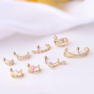 Minimalist 20G gold stainless steel cartilage earrings set with pink crystals