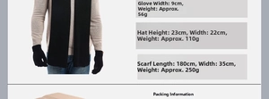 Detail showing dimensions and material of men's winter knitted hat, scarf, and gloves set