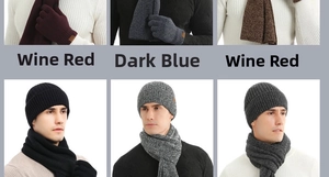 Detailed grid showing men's knit winter hat, scarf and gloves set in multiple colors
