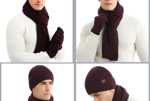 Detail of dark red ribbed knit winter set showing touchscreen gloves and leather patch