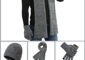 Close-up of winter knit set including mixed color beanie, scarf, and touchscreen gloves