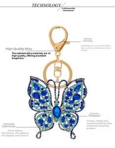 Detail of blue rhinestone butterfly keychain with gold-plated alloy and lobster clasp