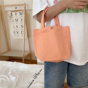 Detailed view of an orange-pink canvas lunch bag held by a person in a warm home setting
