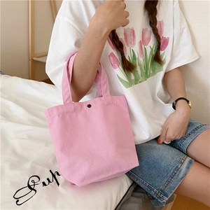 Pink canvas lunch bag with black snap button held by hand in a home setting
