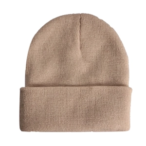 Unisex beige knitted beanie hat with cuff design for winter warmth on white background