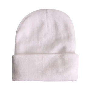 Minimalist white knitted beanie hat with ribbed cuff and fine texture for winter warmth