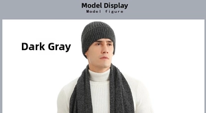 Detail of dark grey thick knit beanie and scarf set featuring soft wool blend texture