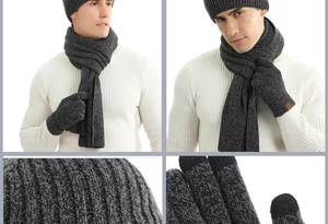 Detail of dark grey ribbed knit set showing touch screen gloves, scarf, and beanie