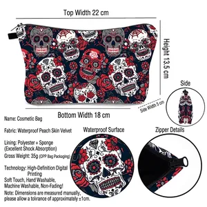 Wasserdichte Kosmetiktasche mit Totenkopf-Print aus Pfirsichhaut-Samt inklusive Maßen