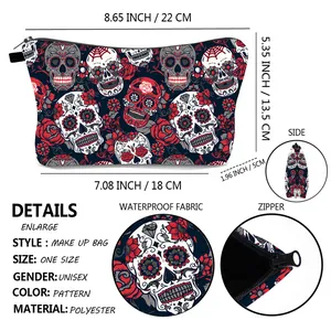 Detaillierte Größentabelle mit Maßen der wasserfesten Kosmetiktasche mit Totenkopf-Print