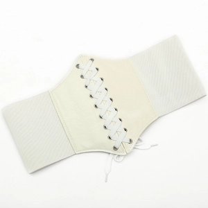 Elastic wide corset belt in ivory white with lace-up eyelet design for dresses