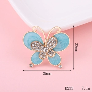 Detailed view of sky blue alloy butterfly charm with gold plating and rhinestones