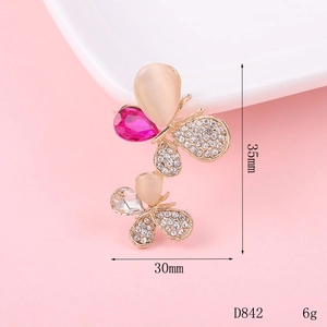 Macro detail of alloy butterfly accessory with pink rhinestones and size dimensions