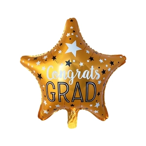 Golden star-shaped graduation foil balloon with Congrats GRAD print for party decor