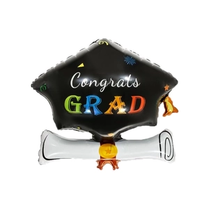 Doctoral cap and diploma shaped foil balloon with Congrats GRAD print for graduation party