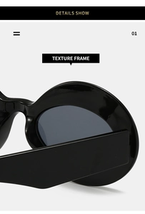 Detail showing the textured black wide frame and durable hinge of the oval sunglasses