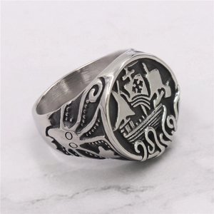 Vintage Men Stainless Steel Signet Ring Nautical Sailboat Octopus Kraken Punk Retro Biker Jewelry For Male