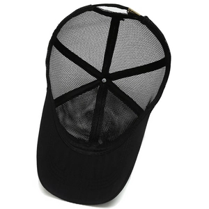 Men's black breathable mesh trucker hat with adjustable metal buckle for sun protection