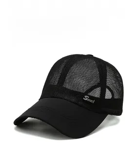 Close-up of black breathable mesh baseball cap with side Sport embroidery detail