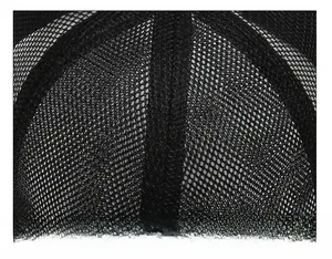 Close-up of durable six-panel stitching and breathable mesh fabric on a black sun hat