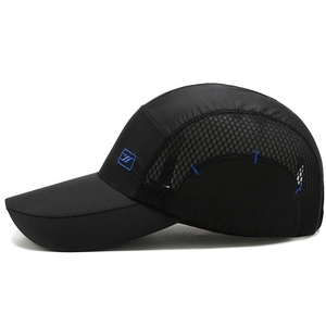 Breathable black mesh baseball cap with blue embroidery for outdoor sports and sun protection