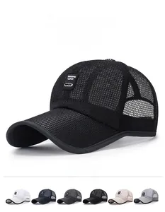Detail view of breathable mesh baseball cap showing six color options and square logo patch