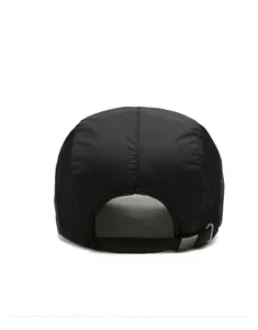 Close-up of adjustable strap and breathable mesh of a black quick-dry baseball cap