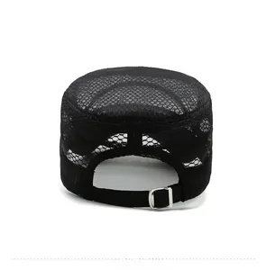 Detail view of the breathable mesh back and adjustable metal buckle on black cadet cap