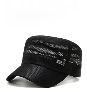 Detail view of black flat top cap featuring breathable mesh and silver S-P metal tag