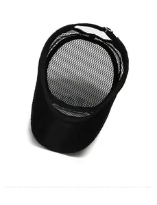 Detail of breathable black mesh cap showing inner lining structure and adjustable metal buckle