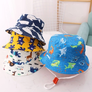 Kids sun hats with cartoon animal prints and adjustable windproof chin straps