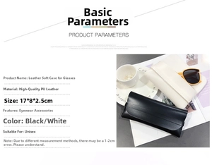 Detailed view of PU leather glasses case with product parameters and size dimensions