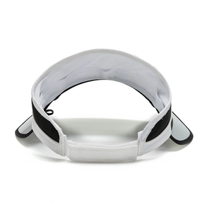 Rear view of white adjustable sun visor with black trim and velcro strap closure