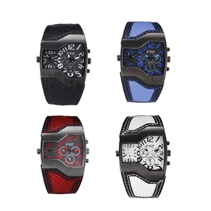 Grid view of mens quartz watches with dual dials and faux crocodile leather straps in four colors