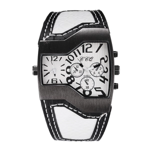 Men's leather strap quartz watch with dual time zone display and black irregular case
