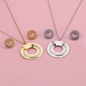 Stainless Steel Fashion Jewelry For Women Round Hollow Pendant Necklace And Earrings With Rhinestones Elegant Style