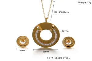 Detail of gold stainless steel jewelry set with circular cubic zirconia pendants