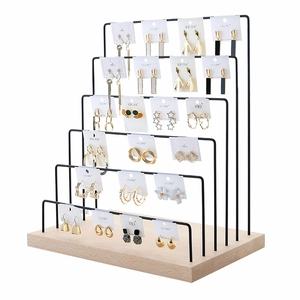Tiered jewelry display stand with 6-layer black metal frame and solid wood base