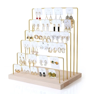 Tiered Earring Holder Organizer Stand Wood Base Metal Iron Rack Jewelry Display For Earrings Necklaces Home Desktop