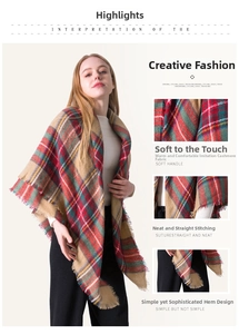 Detail of soft cashmere-like fabric texture and fringe on colorful plaid square shawl