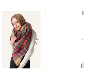 Close-up of multicolor plaid scarf with tassels in soft green, red and yellow tones