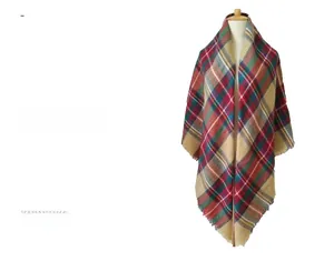 Detailed close-up of colorful plaid scarf fabric with soft fringes on a mannequin