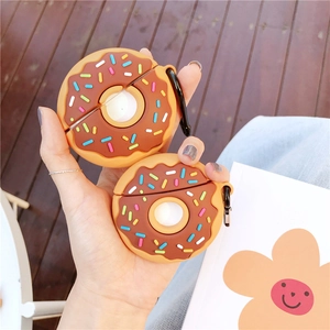 Brown Donut Shaped Wireless Earphone Case Silicone Protective Cover With Hook Sweet Dessert Style Soft Shell
