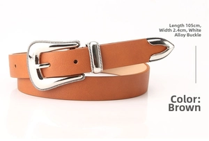 Detail of 105cm camel belt showing silver alloy buckle and measurements on white background