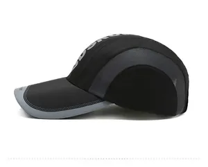 Detail of breathable grey mesh side panels and stylish lettering on a black sports cap
