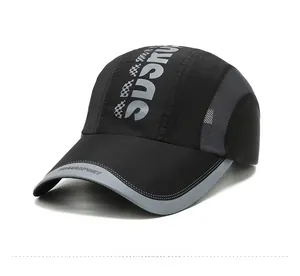 Close-up of quick-dry baseball cap featuring breathable mesh panels and logo detail
