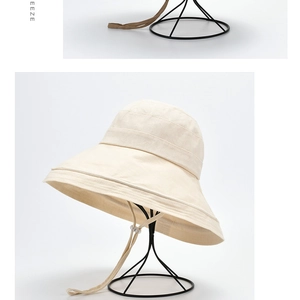 Detail of wide brim sun hat with adjustable drawstring and windproof locking buckle