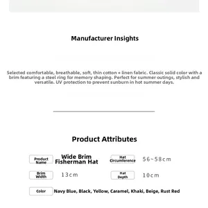 Size specifications and material details of the wide brim cotton linen sun hat