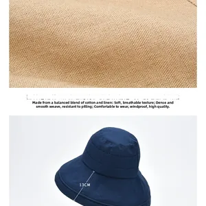 Detail view of cotton linen sun hat featuring a wide 13cm brim for UV protection